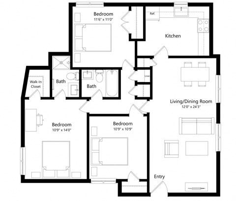 Floor plan for 3 beds, 2 baths, 1056 sqft